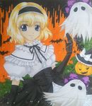  adapted_costume alice_margatroid alternate_color bad_id bad_pixiv_id bat blonde_hair blue_eyes bow capelet dress elbow_gloves ghost gloves hairband halloween hat jack-o'-lantern marker_(medium) pumpkin short_hair solo string touhou traditional_media w0ru witch_hat 