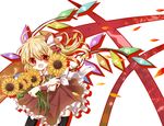  :d ascot black_legwear blush colorized fang flandre_scarlet flower hair_flower hair_ornament happy highres hino_(kagami) no_hat no_headwear open_mouth red_eyes short_hair side_ponytail skirt smile solo sunflower thighhighs touhou wings yamone zettai_ryouiki 