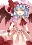  bad_id bad_pixiv_id bat_wings blue_hair bow brooch closed_eyes dress fang frills hat highres jaku_sono jewelry open_mouth remilia_scarlet short_hair skirt_hold smile solo touhou wings wrist_cuffs 