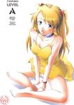  barefoot blonde_hair blue_eyes cover cover_page doujin_cover doujinshi dress highres indian_style long_hair looking_at_viewer neon_genesis_evangelion open_mouth panties sakai_hamachi sitting solo souryuu_asuka_langley underwear v_arms wristband yellow_dress 