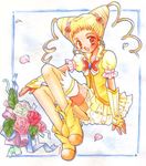  bike_shorts blonde_hair blue_border blush border brooch brown_eyes bug butterfly colored_pencil cure_lemonade curly_hair double_bun earrings flower full_body gloves insect jewelry kasugano_urara_(yes!_precure_5) leaf long_hair magical_girl minami_kawa outside_border pencil petals pink_flower pink_rose precure red_flower red_rose rose shoes shorts shorts_under_skirt sitting skirt smile solo thighhighs traditional_media twintails white_flower white_rose yellow_legwear yellow_shorts yellow_skirt yes!_precure_5 