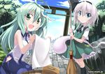  ascot blue_eyes blush breasts broom clothes frog ghost green_eyes green_hair hair_ornament hairband hitodama kitahara_tomoe_(kitahara_koubou) kochiya_sanae konpaku_youmu konpaku_youmu_(ghost) long_hair multiple_girls short_hair silver_hair sitting skirt small_breasts smile snake torii touhou tree vest washing 