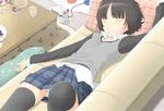  amagami bad_id bad_pixiv_id black_hair candy closed_eyes controller couch food fork game_console game_controller glass kotatsu navel ns_(nasu2000) panties pillow plaid plate playstation pocky skirt sleeping solo table tachibana_miya thighhighs underwear upskirt 