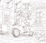  alice_margatroid bad_id bad_pixiv_id can contemporary flag flower greyscale ground_vehicle hairband hat highres kirisame_marisa kitsuneno_denpachi monochrome motor_vehicle multiple_girls multiple_riders necktie petals riding scooter short_hair sidesaddle sign touhou window 