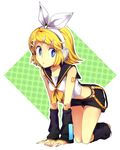  arm_warmers blonde_hair blue_eyes hair_ornament hair_ribbon hairclip headphones headset kagamine_rin momiage ribbon short_hair shorts solo vocaloid 