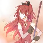  bad_id bad_pixiv_id bare_shoulders bow detached_sleeves hair_bow karuha long_hair magical_girl mahou_shoujo_madoka_magica polearm ponytail red_eyes red_hair sakura_kyouko solo weapon wind 