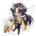  black_eyes black_hair blush_stickers chibi glasses hand_truck long_hair pantyhose paper read_or_die simple_background skirt solo sweater_vest tako_(all_delete) trench_coat very_long_hair yomiko_readman 