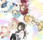  akemi_homura black_hair blonde_hair blue_hair chie_(me---too) closed_eyes gloves hat kaname_madoka long_hair lying mahou_shoujo_madoka_magica miki_sayaka multiple_girls pantyhose pink_hair ponytail red_hair sakura_kyouko short_hair tomoe_mami twintails 