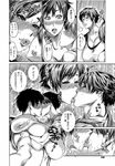  1girl blush breasts cleavage closed_eyes comic copyright_request greyscale highres huge_breasts kiss lips monochrome saliva short_hair st-retcher tomboy tongue translated underboob undressing 