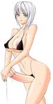  1girl artist_request bare_shoulders bikini breasts cleavage cum curvy erect_nipples futanari green_eyes huge_penis large_breasts long_penis masturbation midriff navel nipple_slip nipples no_balls penis semen simple_background smile solo sweat swimsuit wet white_hair 