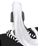  androgynous artist_request back bed between_legs black_shirt bottomless character_request hand_between_legs hands_between_legs long_hair pale pale_skin shirt simple_background sitting striped striped_legwear striped_thighhighs very_long_hair white_background white_hair 