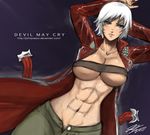  abs arms_up beltbra breasts dante_(devil_may_cry) devil_may_cry genderswap grey_eyes jacket john_joseco large_breasts lips long_coat midriff muscle nail_polish open_clothes open_fly open_jacket short_hair signature solo unbuttoned underboob unzipped watermark white_hair 
