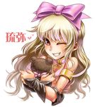  blonde_hair brown_eyes grin hair_ribbon hug mabinogi nabeya_sakihana one_eye_closed ribbon simple_background smile solo stuffed_animal stuffed_toy teddy_bear 