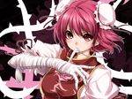  bandages blush bun_cover chinese_clothes double_bun flower hands ibaraki_kasen mouth_hold pink_flower pink_hair pink_rose red_eyes red_hair rose short_hair simple_background solo tabard thorns toron_(mino106) touhou upper_body 
