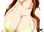  1girl bare_arms bare_shoulders bikini bikini_top breast_hold breasts brown_hair cleavage close-up crossed_arms dragon_crisis! head_out_of_frame highres huge_breasts long_hair nanao_eriko simple_background solo sweat tsubooi upper_body white_background yellow_bikini 