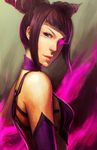  bangs bare_shoulders black_hair capcom from_side glowing glowing_eye han_juri highres lips noa_ikeda purple_eyes realistic short_hair smile solo street_fighter street_fighter_iv_(series) twintails 