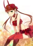  bad_id bad_pixiv_id bare_shoulders brown_hair c_(control) flower frills green_eyes hair_flower hair_ornament horns jing_hu long_hair mashu_(control) midriff navel pointy_ears red_flower red_rose rose sitting skirt solo strapless thighhighs tubetop twintails zettai_ryouiki 