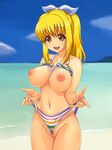  blonde breasts cameltoe large_breasts mizugi pubic_hair striped_bikini tagme wedgie 