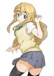  blonde_hair blue_eyes eyebrows face k-on! kotobuki_tsumugi long_hair looking_back onsoku_maru school_uniform solo sweater_vest thick_eyebrows thighhighs 