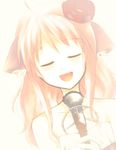  ahoge animal_ears bare_shoulders blush closed_eyes dog_days dog_ears dog_girl dress flower gloves hair_down hair_flower hair_ornament long_hair microphone millhiore_f_biscotti momokami_usagi open_mouth pink_hair smile solo 