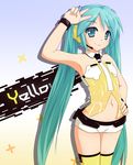  aqua_eyes aqua_hair arm_up armpits bare_shoulders detached_collar hand_on_hip hatsune_miku headset highres long_hair maymin navel necktie project_diva_(series) project_diva_2nd smile solo thighhighs twintails v very_long_hair vocaloid yellow_(vocaloid) 