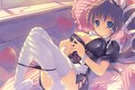  absurdres black_panties breasts cleavage highres huge_filesize kiss_to_lord_to_darjeeling large_breasts long_hair lying maid mikeou nipples on_back panties panty_pull puffy_nipples solo thighhighs underwear yashiro_tsubasa 