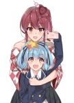  animal_print blue_hair brown_hair bunny_print cellphone checkered checkered_kimono dango_hair_ornament food_themed_hair_ornament hair_ornament hand_on_another's_shoulder heart heart_in_mouth holding_hands hoshikawa_lily japanese_clothes kimono long_hair mukatsukulsp multiple_girls off_shoulder open_mouth phone red_eyes ribbon skirt smartphone star star_hair_ornament taking_picture twintails yellow_eyes yuugiri_(zombie_land_saga) zombie_land_saga 