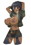  1girl beyblade beyblade_metal_fusion black_hair blush breasts brown_eyes cum cum_in_mouth cum_on_body cum_on_breasts cum_on_upper_body dark_skin facial heavy_breathing huge_breasts metal_fight_beyblade nipples panties selen_gracy short_hair skirt tamagoro tamagoroo_(funifuni_labo) thighhighs underwear upskirt 