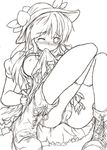  between_legs blush breasts greyscale hand_between_legs hat hinanawi_tenshi medium_breasts monochrome mouth_hold one_eye_closed open_clothes open_shirt panties shirt simple_background sitting sketch skirt skirt_lift solo tears tenten_(kamigumo_sayo) thighhighs touhou underwear upskirt white_background 