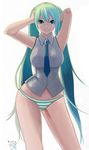  aqua_hair bad_id bad_pixiv_id breasts green_eyes hands_in_hair hatsune_miku hips large_breasts lips long_hair necktie no_pants nyantiu panties simple_background skindentation smile solo striped striped_panties twintails underwear very_long_hair vocaloid wide_hips 