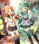  ao_ringo blush bow detached_sleeves hair_bow hair_ornament hairclip hatsune_miku kagamine_rin long_hair microphone multiple_girls one_eye_closed school_uniform short_hair shorts thighhighs twintails very_long_hair vocaloid zettai_ryouiki 