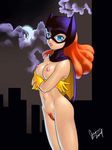  animal_ears barbara_gordon batgirl batman_(series) blue_eyes breasts cape cityscape cloud crossed_arms dc_comics gloves gotou_kenji lipstick long_hair lowres makeup mask medium_breasts moon navel night night_sky nipples nude outdoors pubic_hair public_nudity signature sky solo standing uncensored 