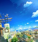  arch bird chimney cityscape cloud day dutch_angle fantasy grass hat highres horizon landscape ocean original paper_airplane scenery shade sitting sky smoke solo sunlight town tree witch_hat yatsude 