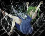  arms_up bad_id bad_pixiv_id bdsm blue_dress blush bondage bound daiyousei dress green_eyes green_hair hair_ornament hair_ribbon hairpin highres necktie no_wings open_mouth ribbon s-syogo side_ponytail silk solo spider_web tears touhou upskirt 