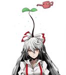  bad_id bad_pixiv_id bow flower fujiwara_no_mokou hair_bow jitome long_hair mosamosa1110 plant_on_head red_eyes silver_hair simple_background solo suspenders touhou very_long_hair watering_can white_background 