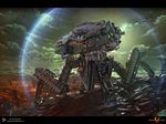  karanak landscape letterboxed mecha no_humans original ruins smoke 