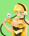  &lt;3 1girl artist_request blush breasts female green_eyes gym_leader heart joltik kamitsure_(pokemon) large_breasts nipple_pull nipples pokemon short_hair simple_background solo 