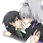  black_hair couple darker_than_black eye_contact hei looking_at_another purple_eyes silver_hair smile yin 