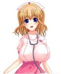  blonde breasts large_breasts nurse oppai simple_background smile standing stethoscope 