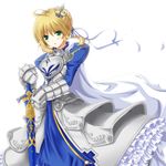  ahoge armor armored_dress artoria_pendragon_(all) blonde_hair caliburn cape colorized crown dress fate/stay_night fate_(series) faulds frills gauntlets green_eyes hair_ribbon hands_on_hilt highres hoshino_sora kuroneko_(fragrant_olive) mini_crown ornate ribbon saber simple_background solo sword weapon 