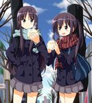  akiyama_mio bag baozi black_eyes black_hair eating food guitar_case instrument_case k-on! long_hair multiple_girls nakano_azusa ruu_(tksymkw) scarf school_uniform steam 