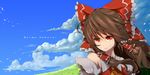  bad_id bad_pixiv_id bare_shoulders bow brown_hair cloud day face frown glaring hair_bow hair_tubes hakurei_reimu long_hair red_eyes sky solo touhou upper_body wind yoo_(tabi_no_shiori) 