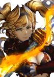  bangs black_gloves blonde_hair blue_eyes breasts cleavage closed_mouth commentary_request fire floating_hair gauntlets gloves granblue_fantasy hairband highres holding holding_weapon large_breasts long_sleeves shimashima_(simasima_23) simple_background smile solo twintails upper_body weapon white_background zeta_(granblue_fantasy) 