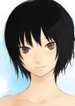  amagami bare_shoulders black_hair brown_eyes face highres mumu nanasaki_ai short_hair simple_background smile solo 