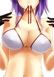  bikini_top breasts cleavage gloves halterneck head_out_of_frame kamata_yuuya large_breasts light_smile long_hair mouth_hold o-ring o-ring_top original purple_hair simple_background solo 