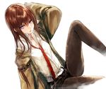  arm_support arms_behind_head black_legwear blue_eyes brown_hair jacket legwear_under_shorts long_hair makimura_shunsuke makise_kurisu necktie pantyhose red_neckwear shorts sitting solo steins;gate 