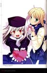  absurdres ahoge aotsuki_takao artoria_pendragon_(all) black_legwear blonde_hair blue_scarf box fate/stay_night fate_(series) gift green_eyes hat heart-shaped_box highres holding holding_gift illyasviel_von_einzbern incoming_gift multiple_girls pantyhose purple_hat red_eyes saber scan scarf skirt takeuchi_takashi valentine white_hair white_scarf winter_clothes 