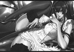  apron b&amp;w blush breasts busujima_saeko erect_nipples fei_(artist) fei_(maidoll) highschool_of_the_dead large_breasts legwear long_hair monochrome naked_apron smile stockings thighhighs 