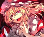  blonde_hair face fangs flandre_scarlet hat nerugal open_mouth red_eyes short_hair side_ponytail slit_pupils smile solo touhou wings 