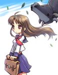  bag brown_eyes brown_hair cow flying_cow leaves long_hair school_uniform tagme 